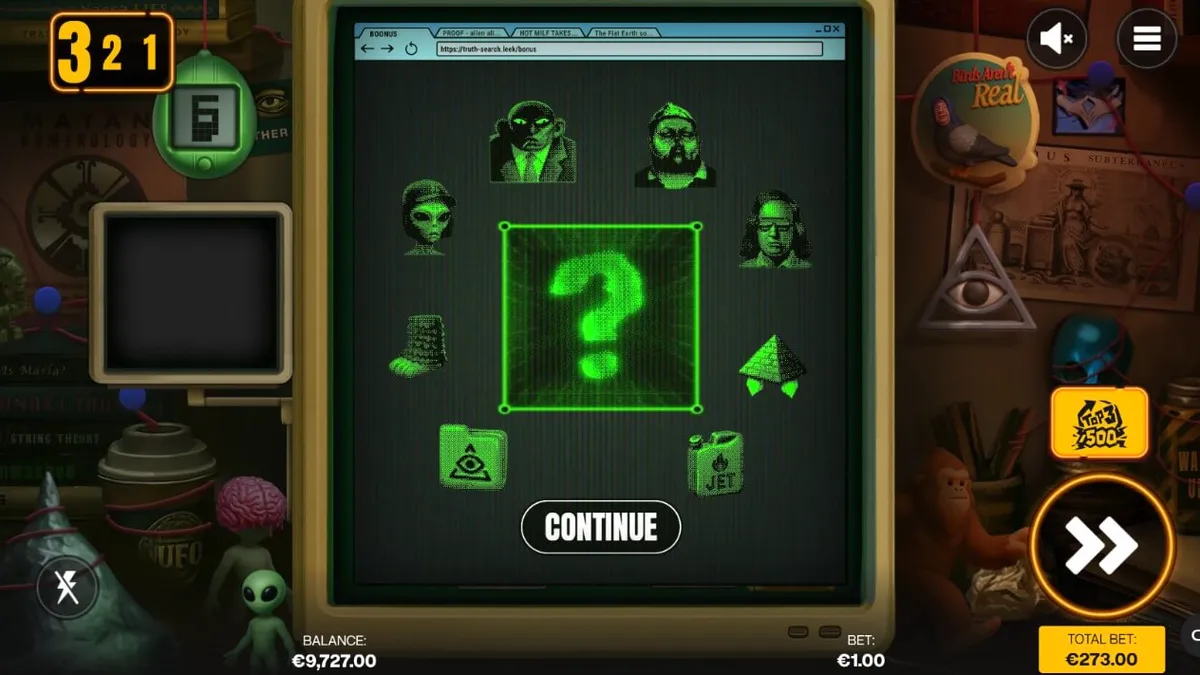 Tampilan layar monitor retro dalam slot Truth dengan elemen konspirasi